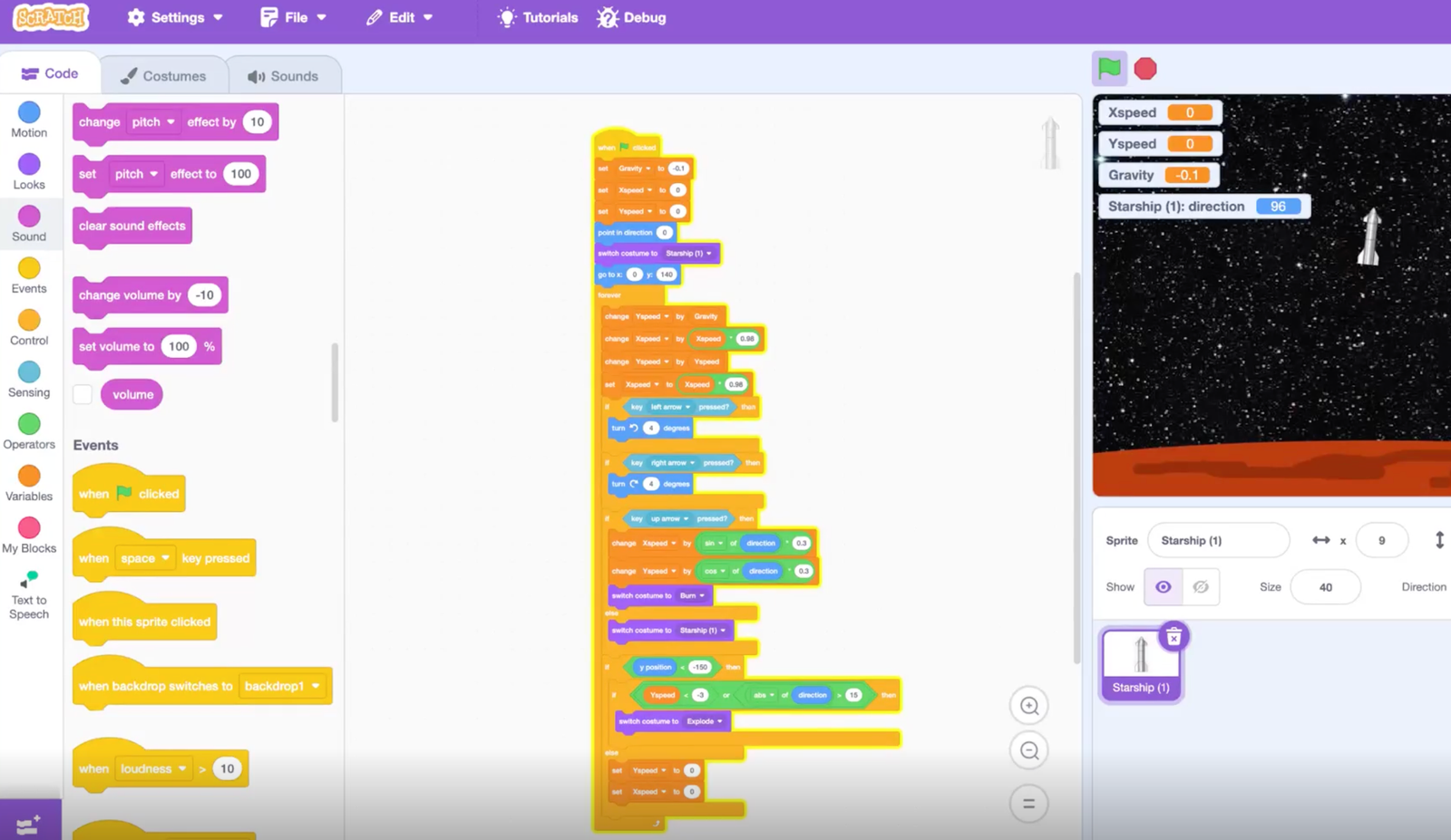 Starship Landing Game, a student project